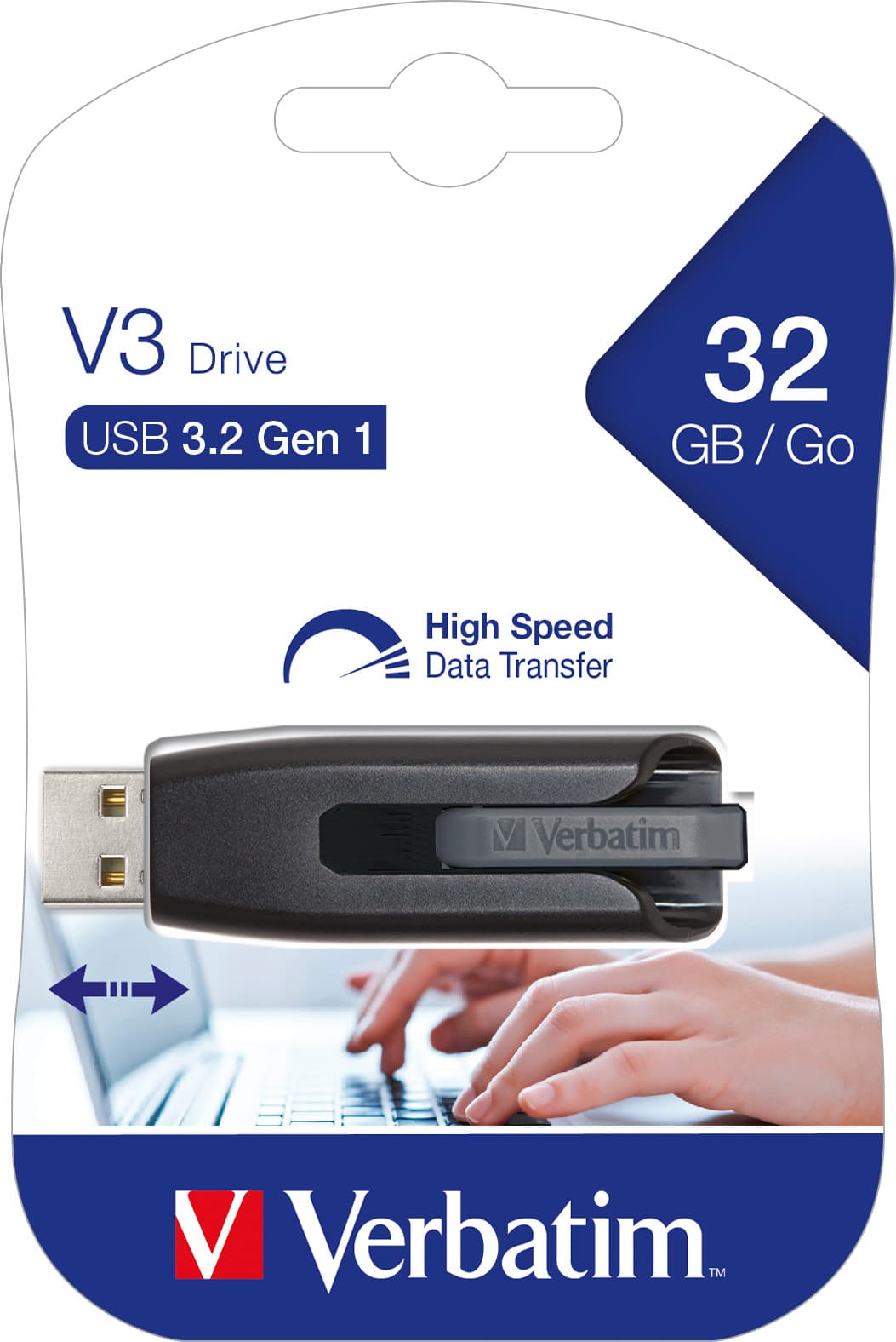 Clé USB 3.2 Verbatim 32 Go, lecteur V3, gris Type-A, (R) 80 Mo/s, (W) 25 Mo/s, blister de vente au détail