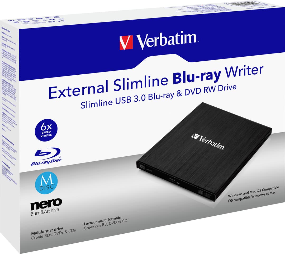 Enregistreur Blu-ray Verbatim, USB 3.0, 6x/8x/24x, Slimline Portable, noir, BDXL, M-DISC, logiciel, vente au détail
