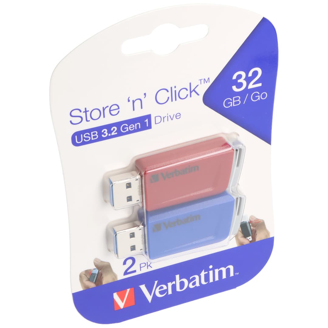 Clé USB 3.2 Verbatim 32 Go, Store'n'Click, rouge-bleu Type-A, (R) 80 Mo/s, (W) 25 Mo/s, blister de vente au détail (paquet de 3)