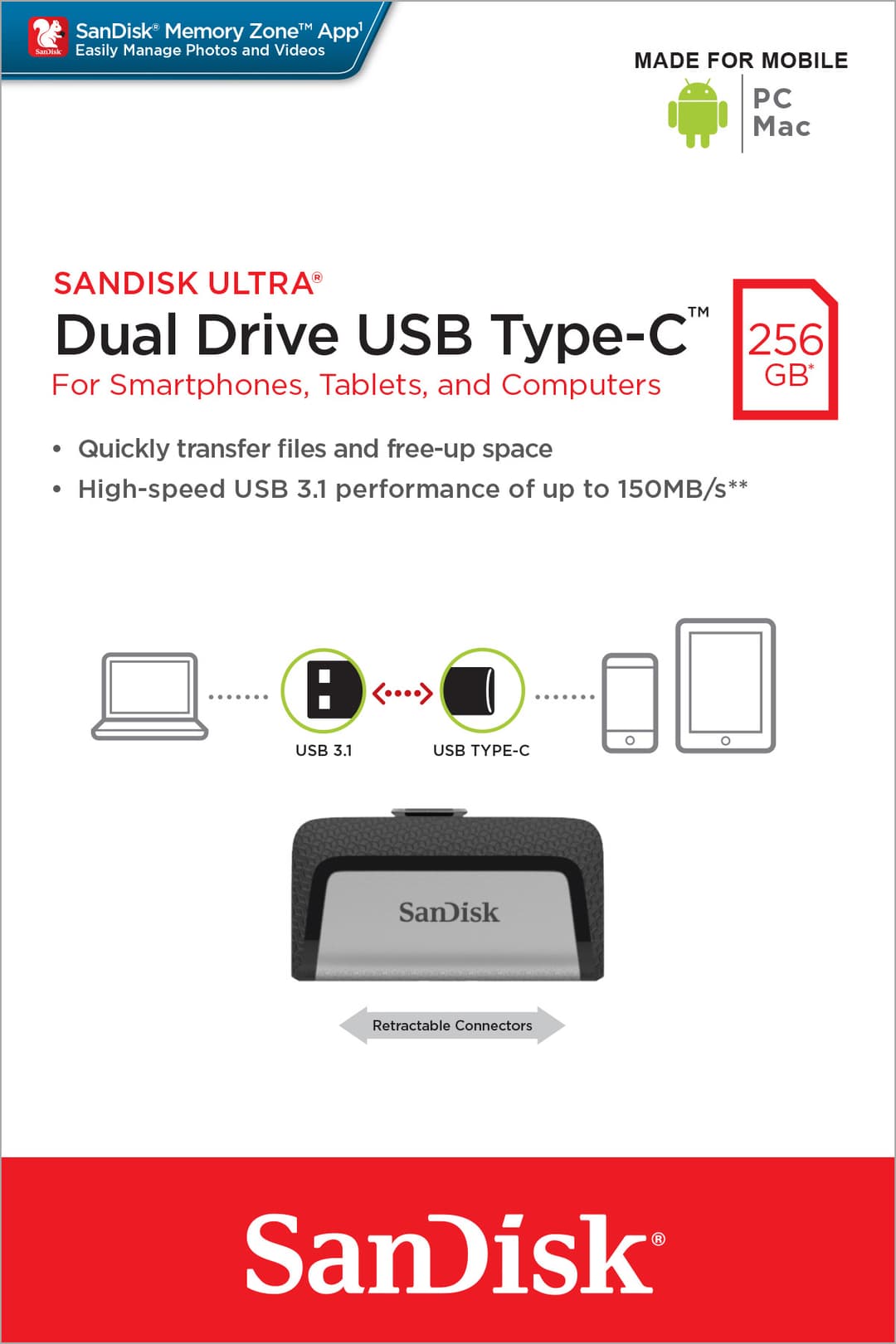 Sandisk USB 3.1 OTG Stick 256 Go, Ultra Dual Drive Type-AC, (R) 150 Mo/s, Memory Zone, blister de vente au détail