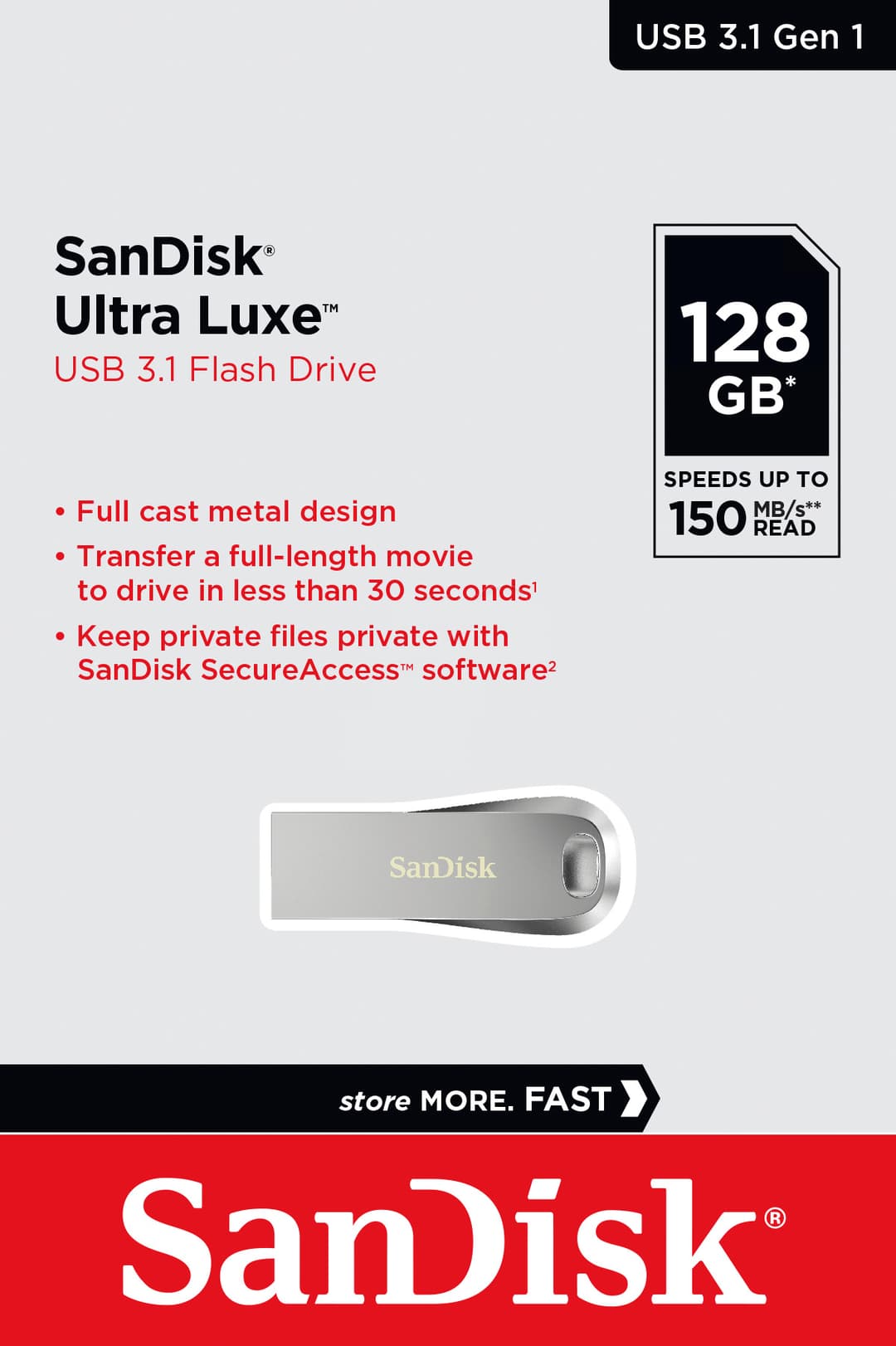 Clé USB 3.1 Sandisk 128 Go, Type-A, Ultra Luxe Type-A, (R) 150 Mo/s, SecureAccess, blister de vente au détail