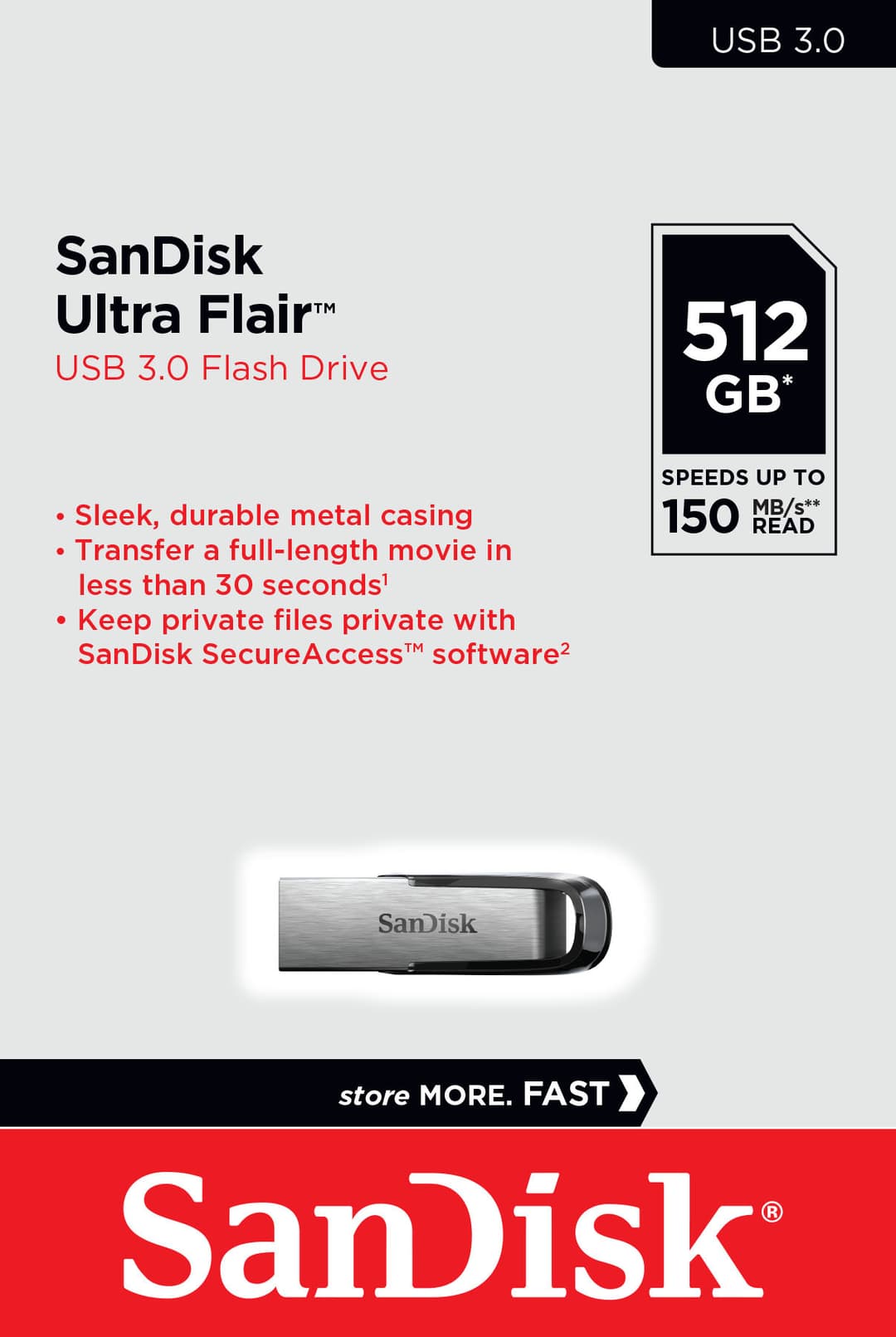 Clé USB 3.0 Sandisk 512 Go, Ultra Flair Type-A, (R) 150 Mo/s, SecureAccess, blister de vente au détail