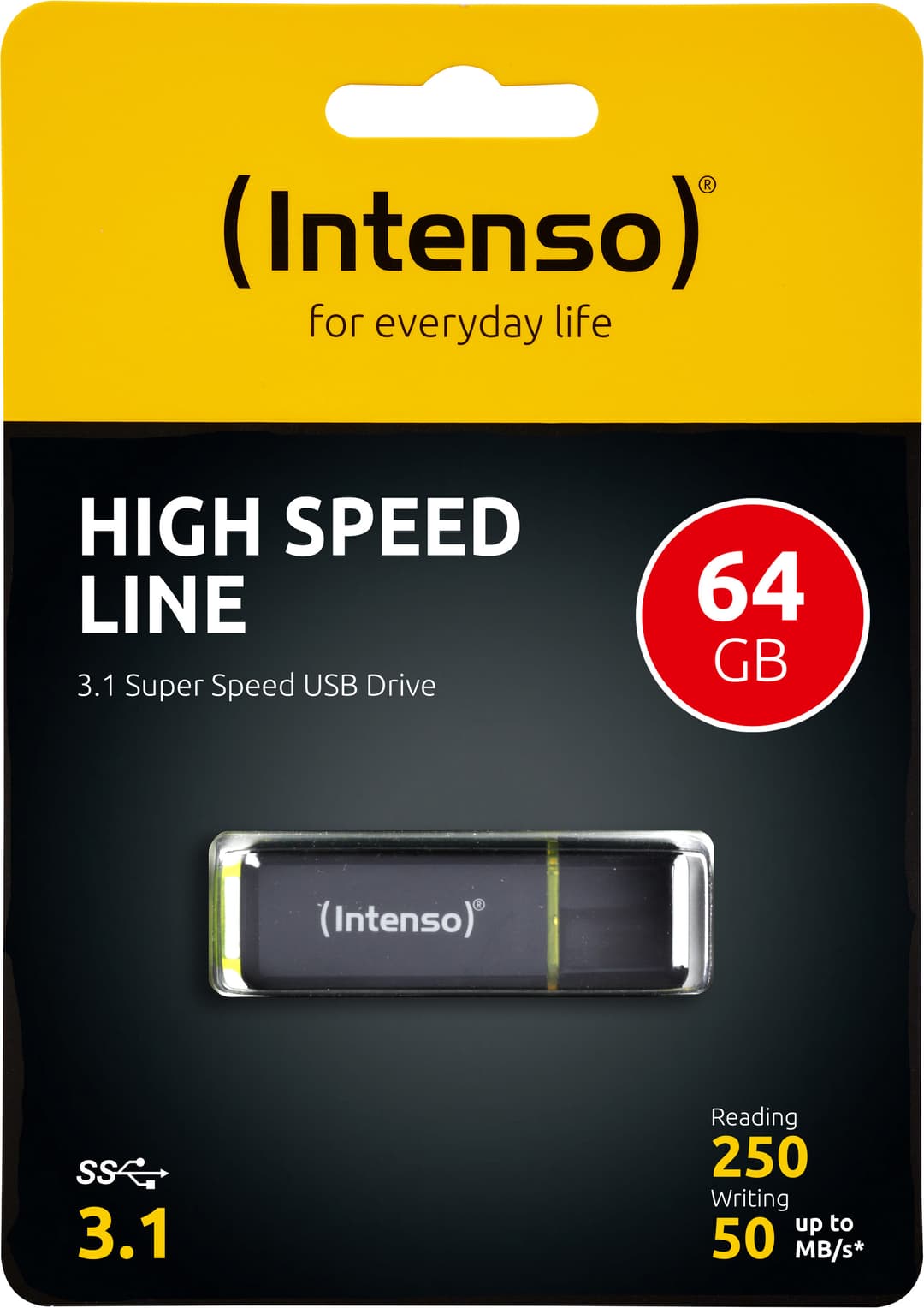 Clé USB 3.1 Intenso 64 Go, High Speed Line, noir type A, (R) 250 Mo/s, (W) 50 Mo/s, blister de vente au détail