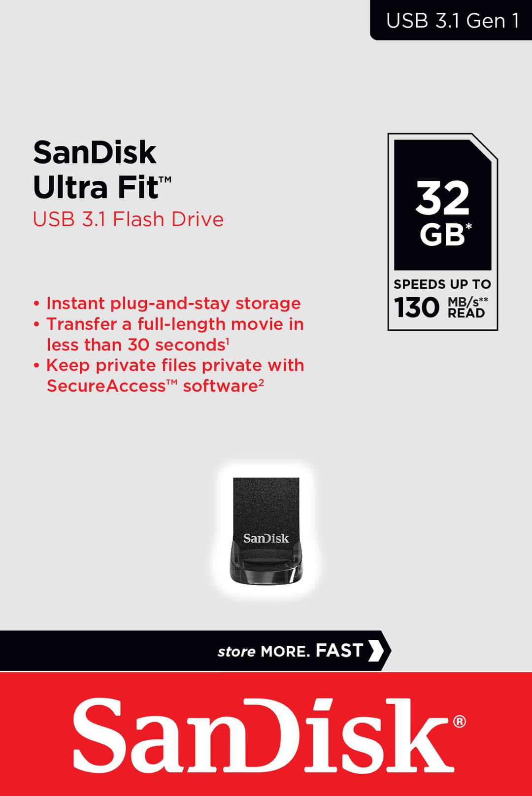 Clé USB 3.1 Sandisk 32 Go, Ultra Fit Type-A, (R) 130 Mo/s, (W) 60 Mo/s, blister