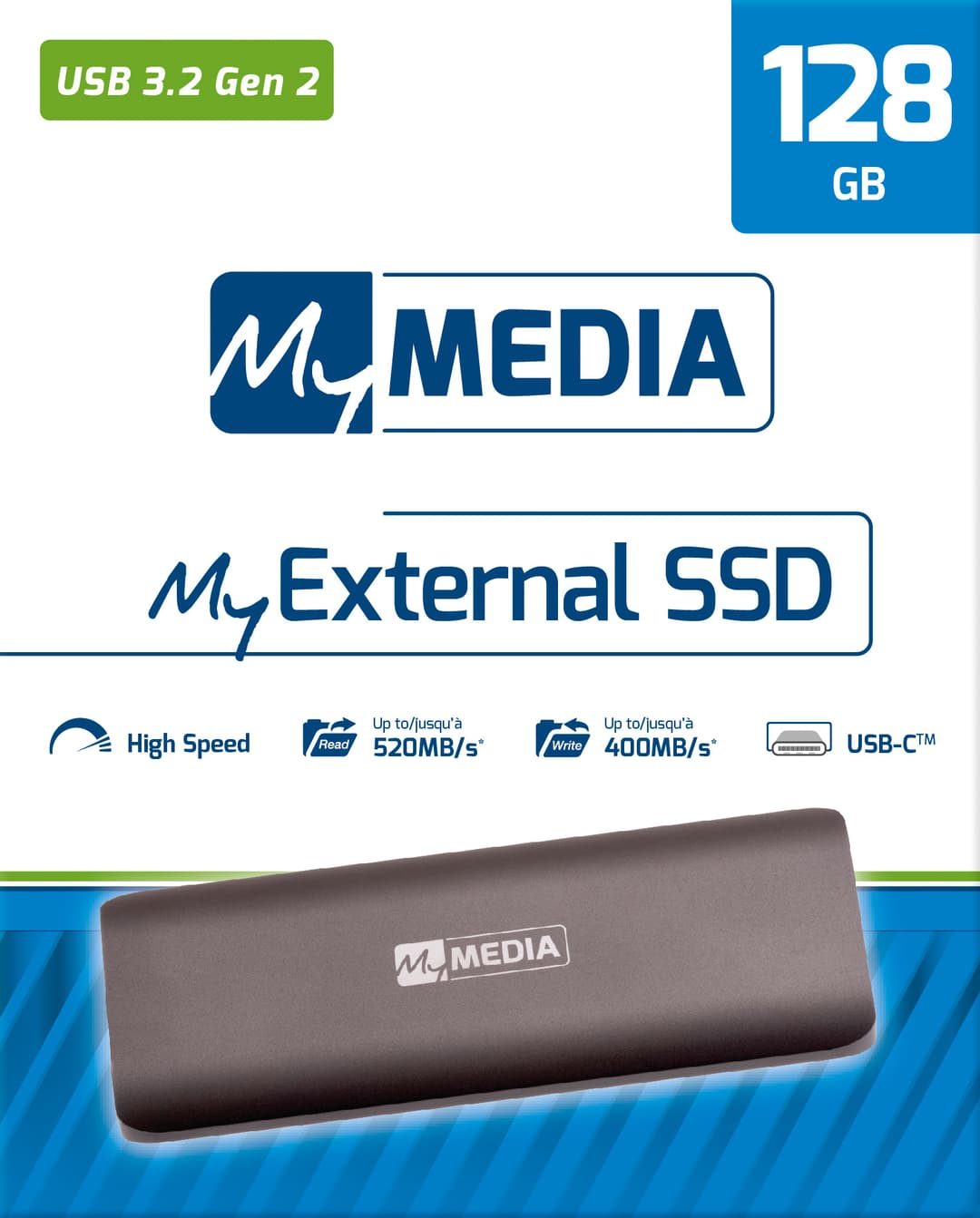 Mymedia SSD 128 Go, USB 3.1, Type AC, Mini (R) 520 Mo/s, (W) 500 Mo/s, blister de vente au détail