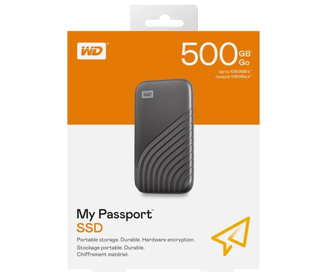 Western digital SSD 500 Go, USB 3.2, Type C, Mini My Passport, (R) 1050 Mo/s, (W) 1000 Mo/s, Vente au détail
