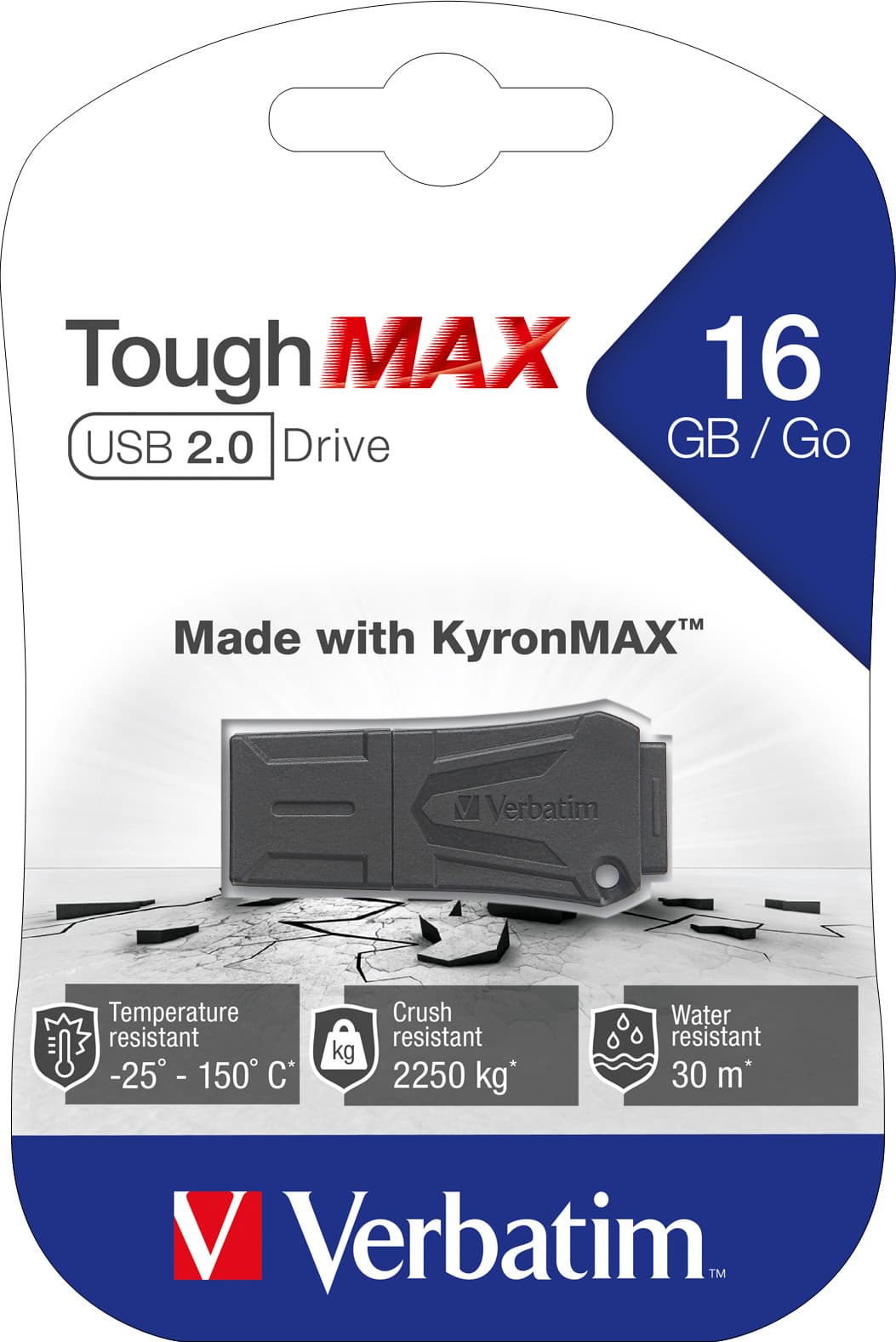 Clé USB 2.0 Verbatim 16 Go, ToughMAX, noir KyronMAX Thermo Protect, blister de vente au détail