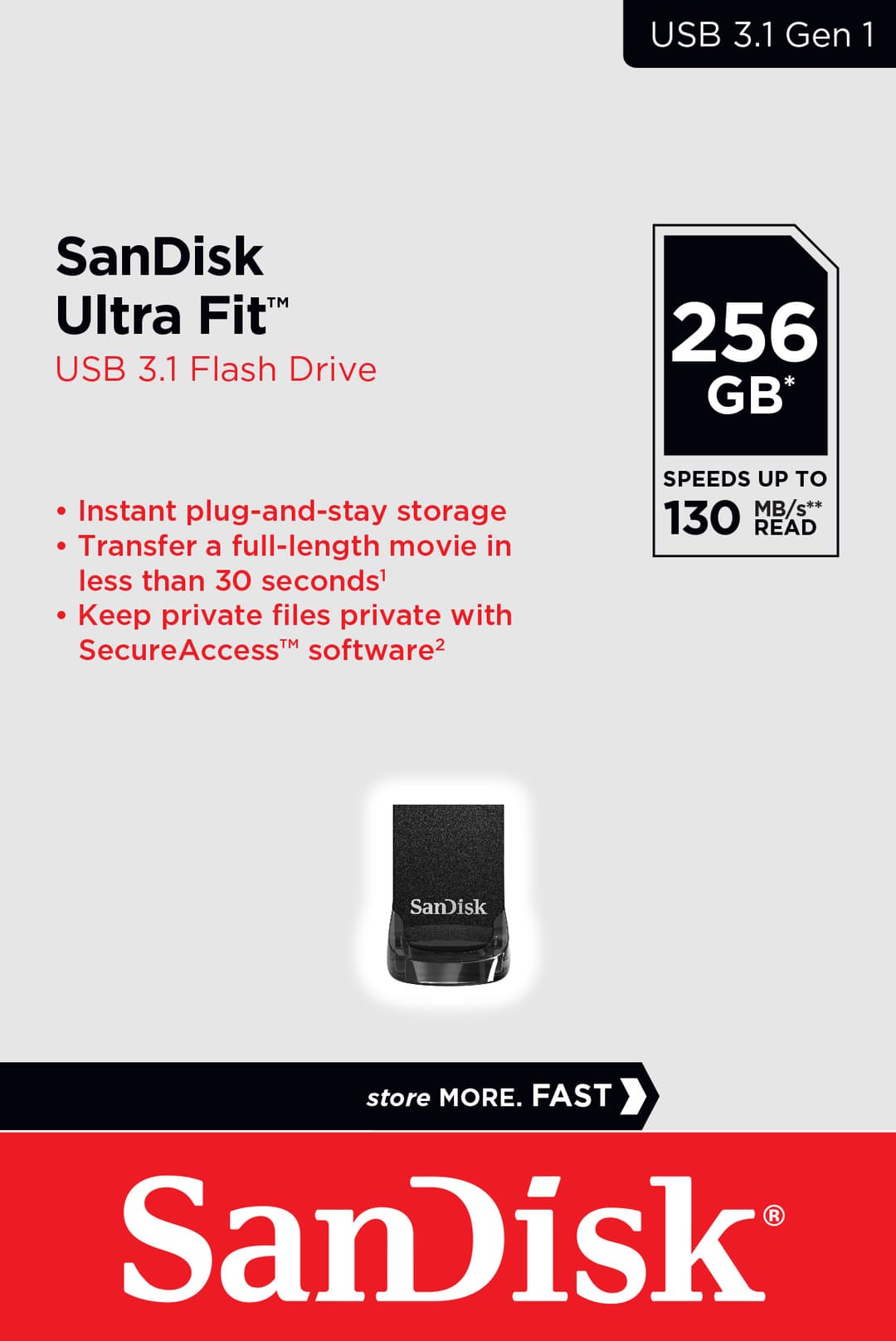 Clé USB 3.1 Sandisk 256 Go, Ultra Fit Type-A, (R) 130 Mo/s, (W) 60 Mo/s, blister de vente au détail
