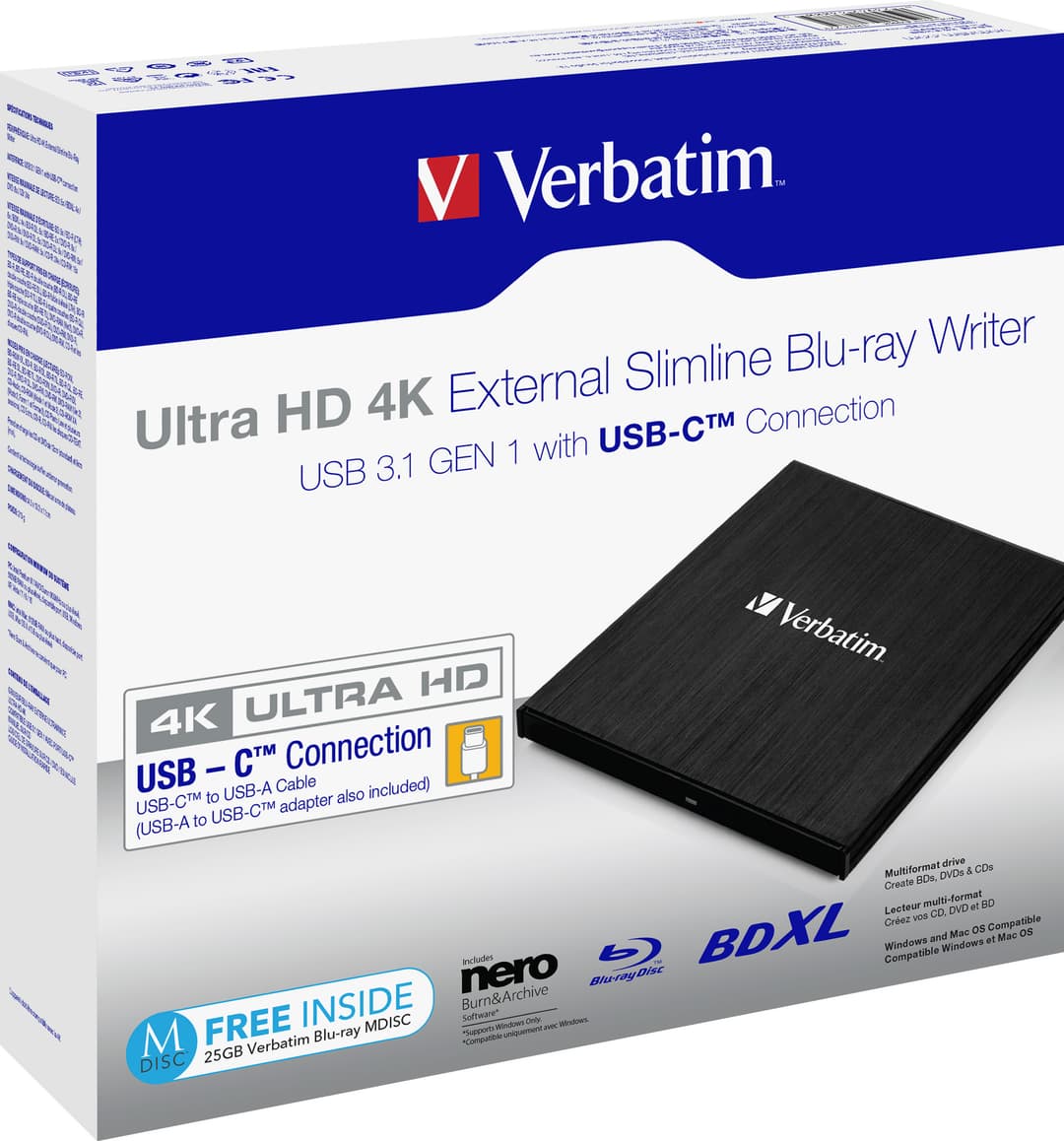 Enregistreur Blu-ray Verbatim, USB 3.1, AC, 6x/8x/24x, Slimline Portable, noir, BDXL, 4K UHD, M-DISC, logiciel, vente au détail