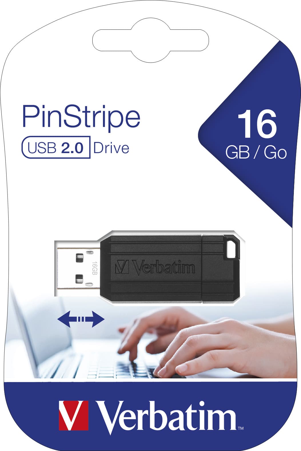 Clé USB 2.0 Verbatim 16 Go, PinStripe, noir (R) 8 Mo/s, (W) 2,5 Mo/s, blister de vente au détail