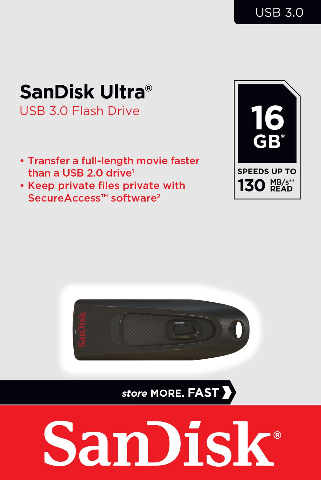 Clé USB 3.0 Sandisk 16 Go, Ultra Type-A, (R) 130 Mo/s, SecureAccess, blister de vente au détail
