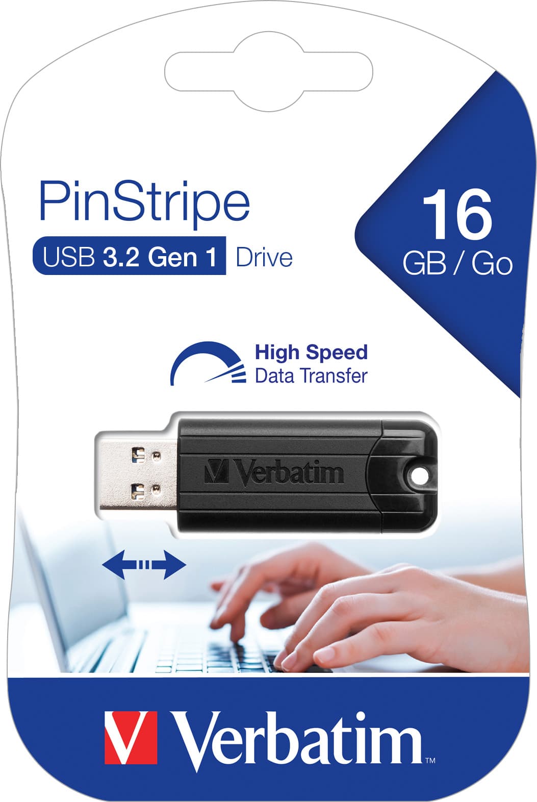 Clé USB 3.2 Verbatim 16 Go, PinStripe, noir Type-A, (R) 30 Mo/s, (W) 10 Mo/s, blister de vente au détail