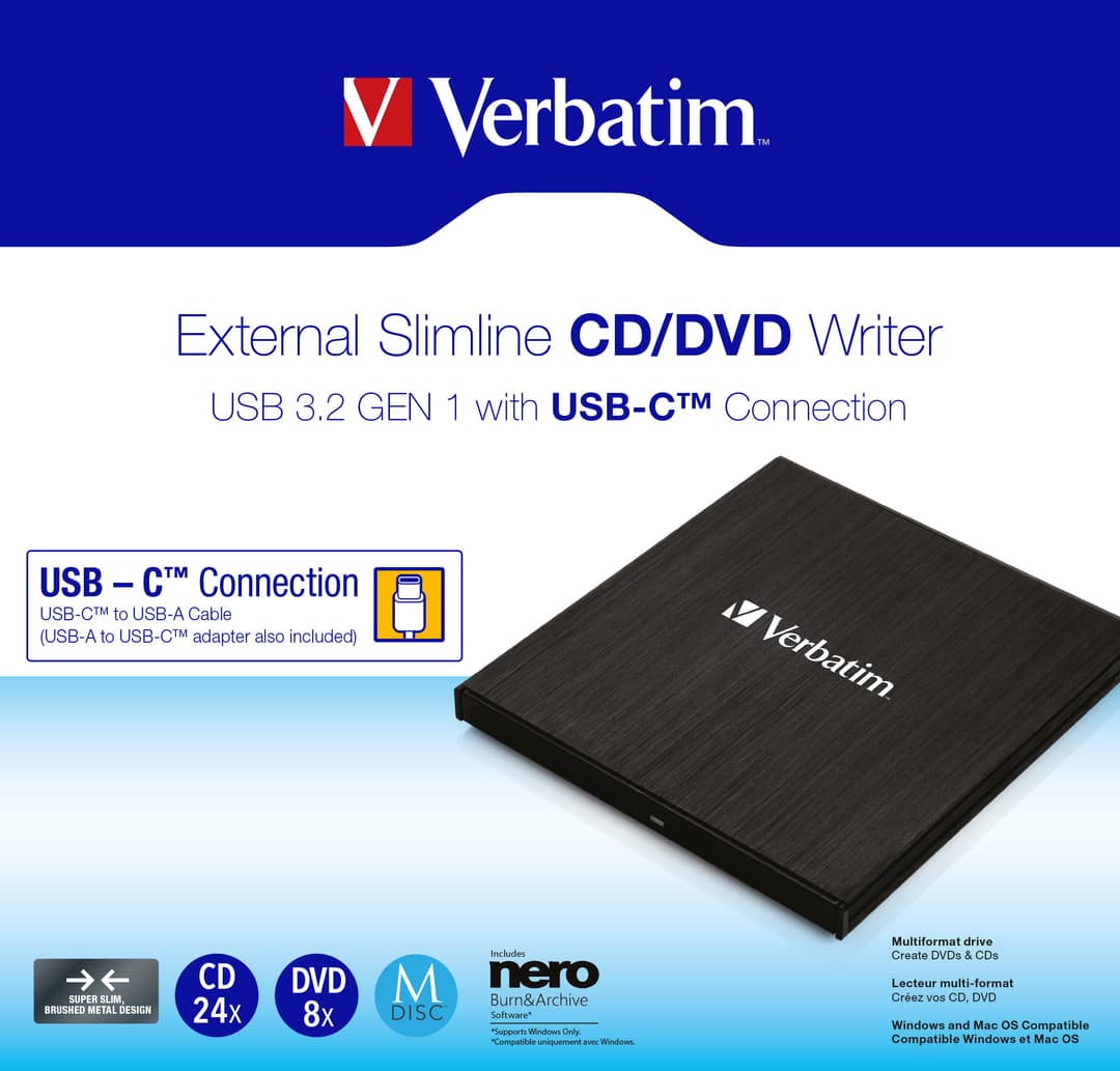 Enregistreur DVD Verbatim, USB 3.2, AC, 8x/6x/24x, Slimline Portable, noir, M-DISC, logiciel, vente au détail