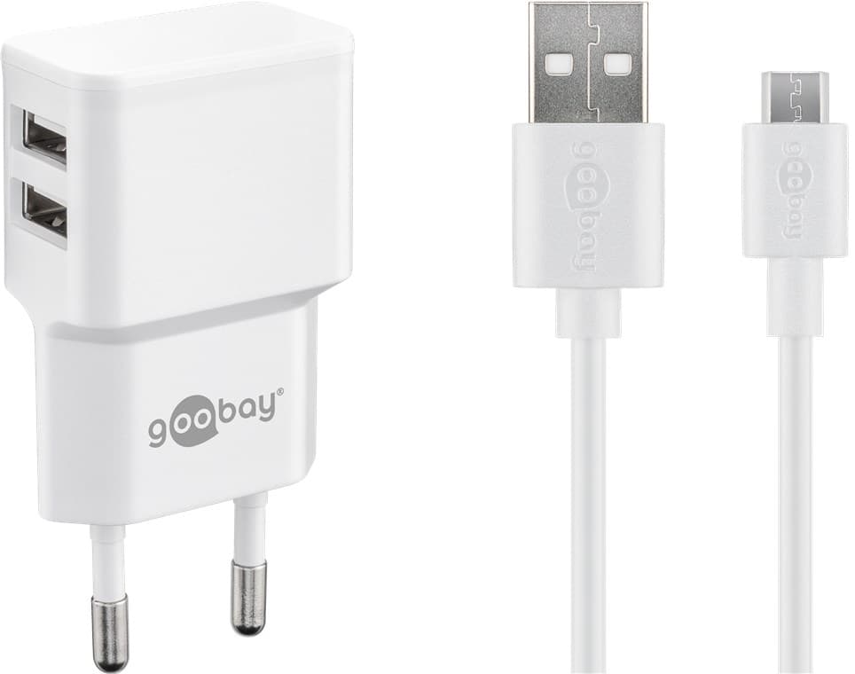 Kit de charge double Goobay Micro USB 2,4 A - bloc d'alimentation avec 2 prises USB et câble Micro USB 1 m (blanc)
