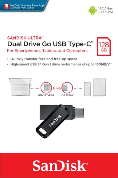 Sandisk USB 3.1 OTG Stick 128 Go, Ultra Dual Go Type-AC, (R) 150 Mo/s, Memory Zone, blister de vente au détail